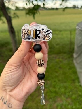 NURSE Badge Reel with Leopard Bead Dangle - Black & Cream